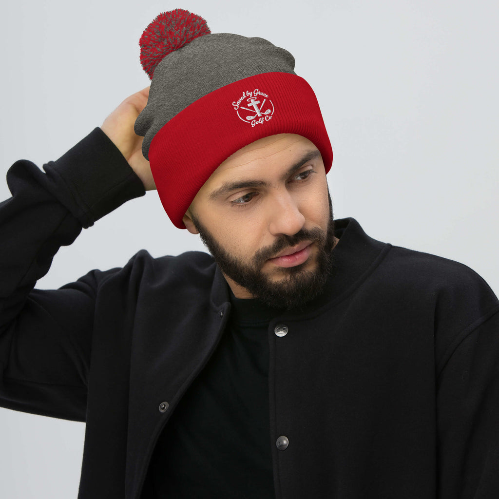 Faith-Based-Golf-beanie-red-dark-heather-gray