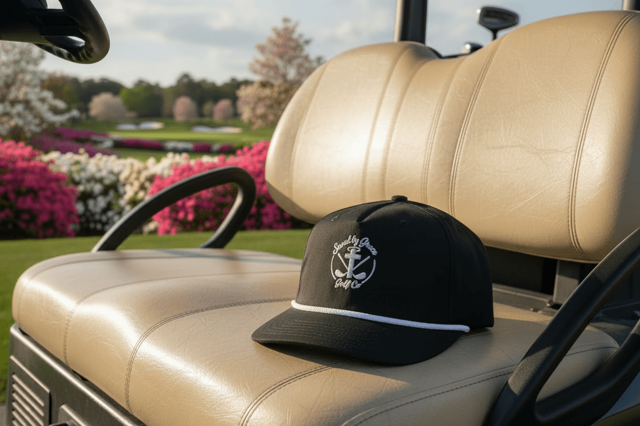 Fairway Faith Rope Hat on Golf Cart - Augusta Floral Scene